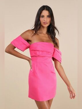 LULUS Totally Haute Off the Shoulder Mini Dress Small Hot Pink Satin Party Retro